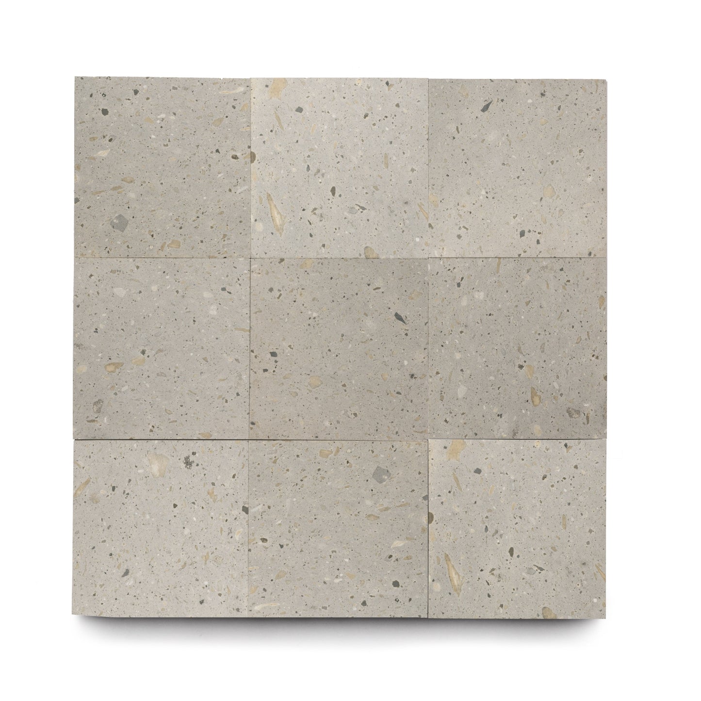 Nine light gray Acacia 12x12 tiles by Zia Tile, featuring subtle speckles and hints of beige and dark gray, are arranged in a three-by-three grid on white—highlighting the natural appeal of this Mexican Cantera stone.