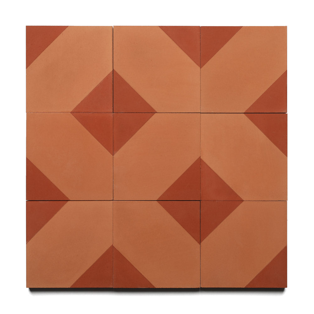 The Bishop Pompeii 4x4 by Zia Tile features nine geometric tiles in a 3x3 grid, each with light and dark reddish-brown triangles and diamonds, creating a bold, classic cement tile look for stylish surfaces.
