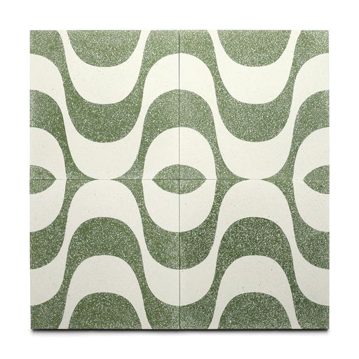 Bossa Nova Saguaro 12x12 by Zia Tile: four square tiles with a wavy green and white abstract pattern that creates a continuous, eye-like design—perfect for kitchen backsplashes or as eye-catching Terrazzo cement flooring.