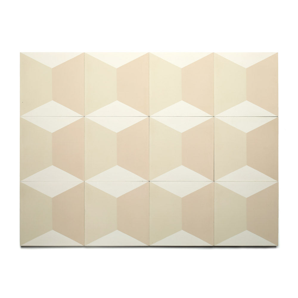 The Colorama Bone 8x8 by Zia Tile is a set of 12 handmade tiles arranged in a 3x4 grid, each showcasing cream, beige, and white geometric patterns that form a striking 3D cube illusion.