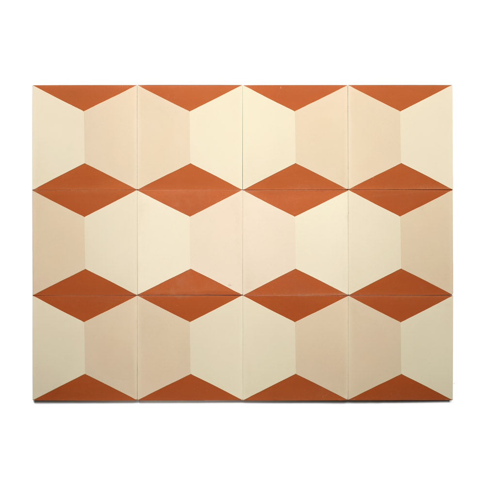The Colorama Dune 8x8 by Zia Tile features twelve geometric cement tiles in three rows, with a repeating cube illusion in terracotta orange, cream, and beige on a white background.