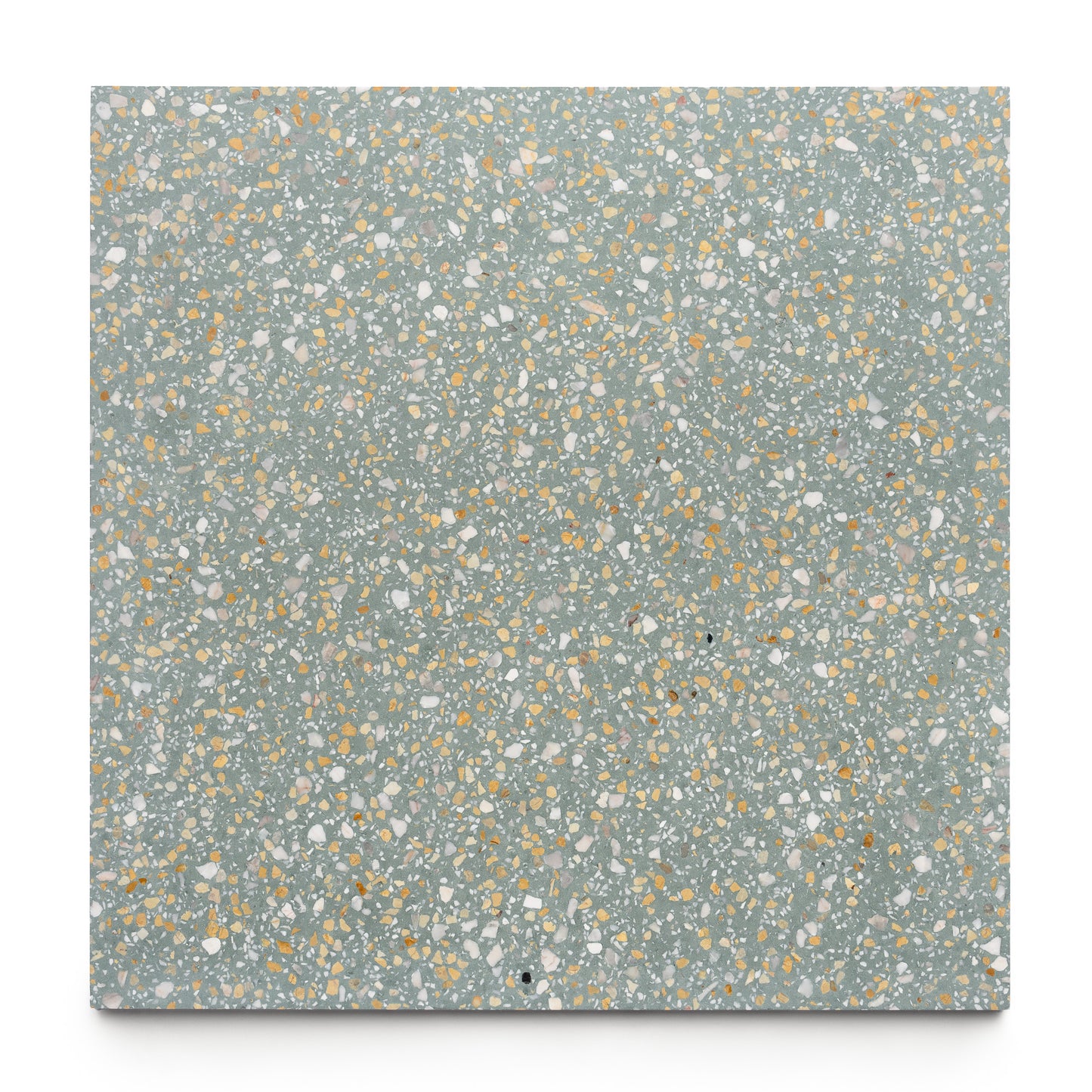 The Deepwell 24x24 by Zia Tile is a square terrazzo slab with a gray base, speckled with white, yellow, and beige stone chips of varying sizes for a handmade look, shown on a plain white background.