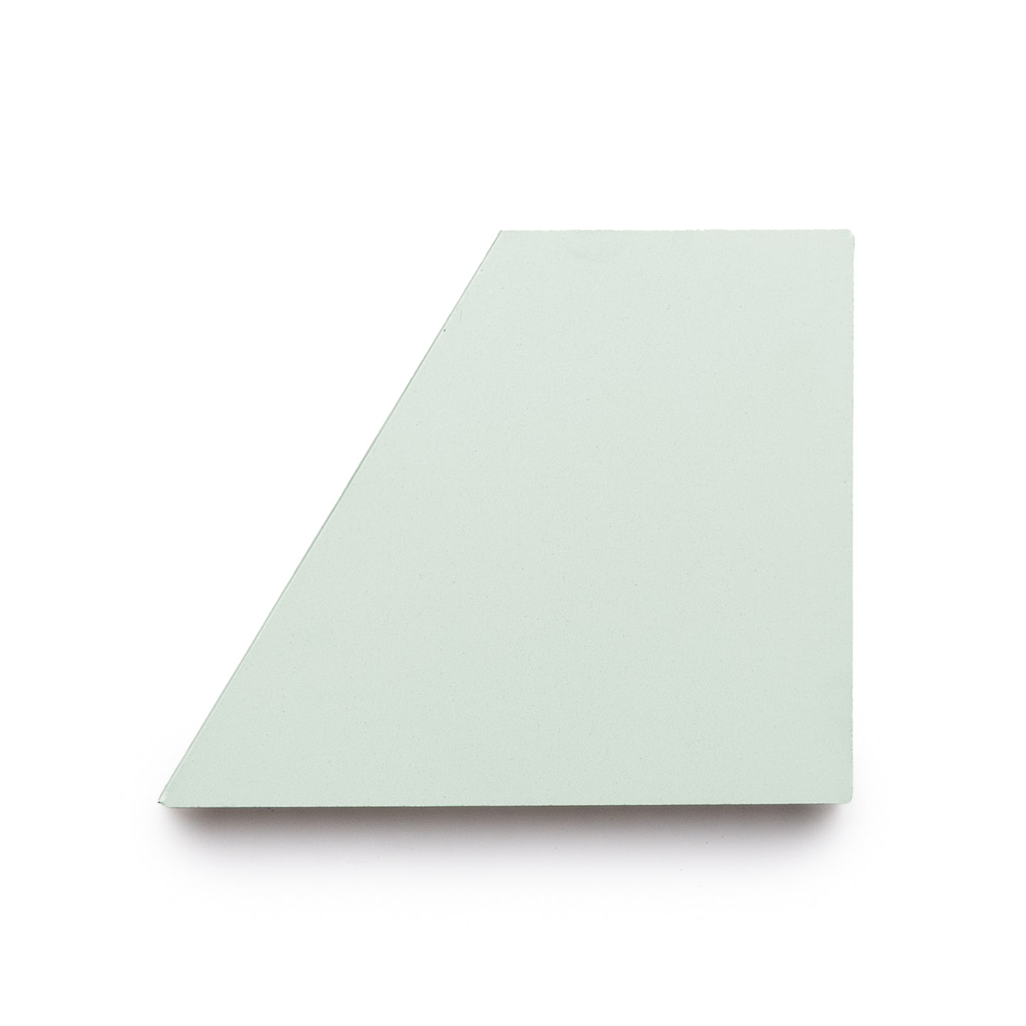 A Derby Julep + Noble Green tile by Zia Tile is shown on a white background—a single, handmade, light green four-sided tile featuring one slanted edge.