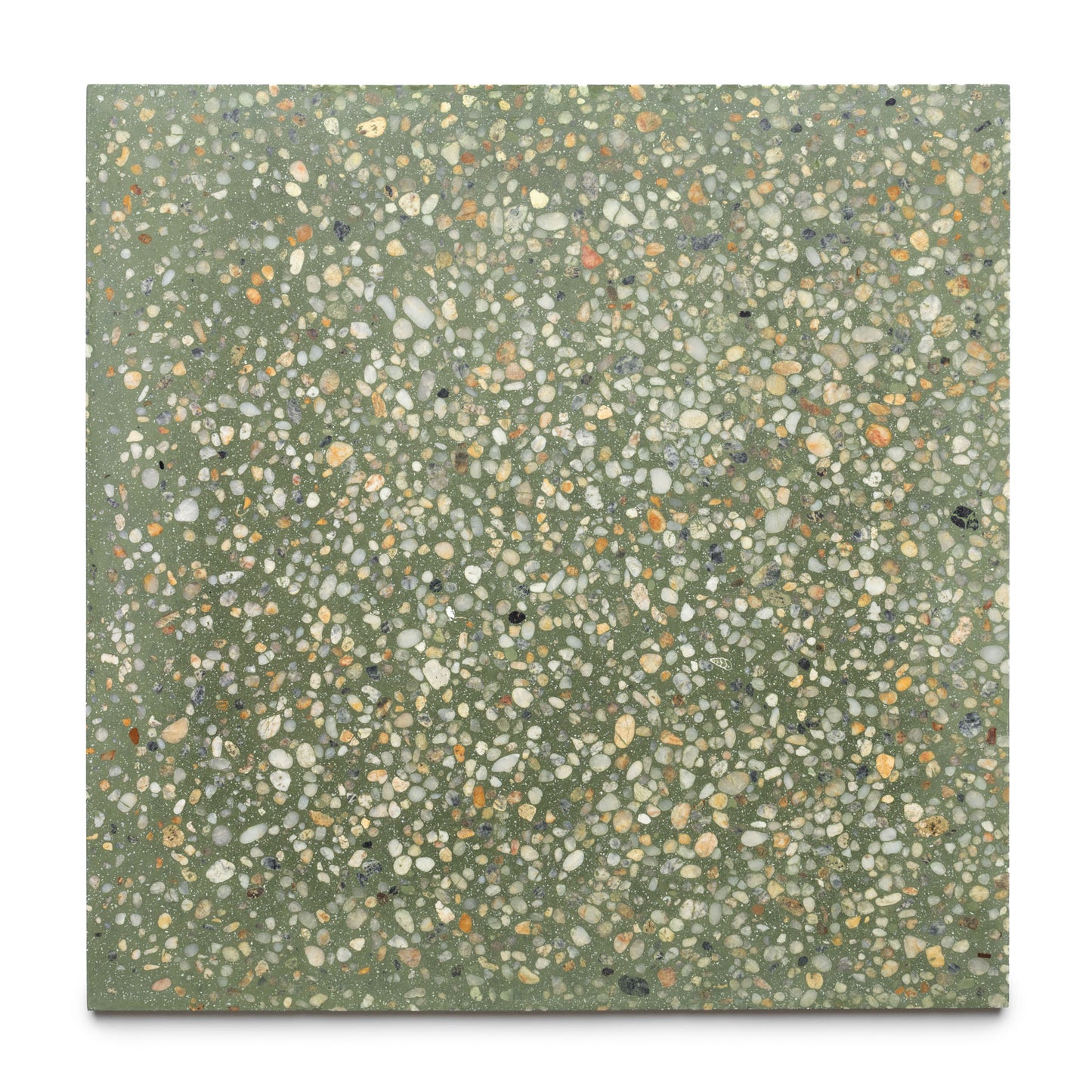 The Zia Tile Desert Oasis 24x24 is a handmade square terrazzo tile featuring a green base and scattered multicolored stone chips of various sizes, displayed on a plain white background.