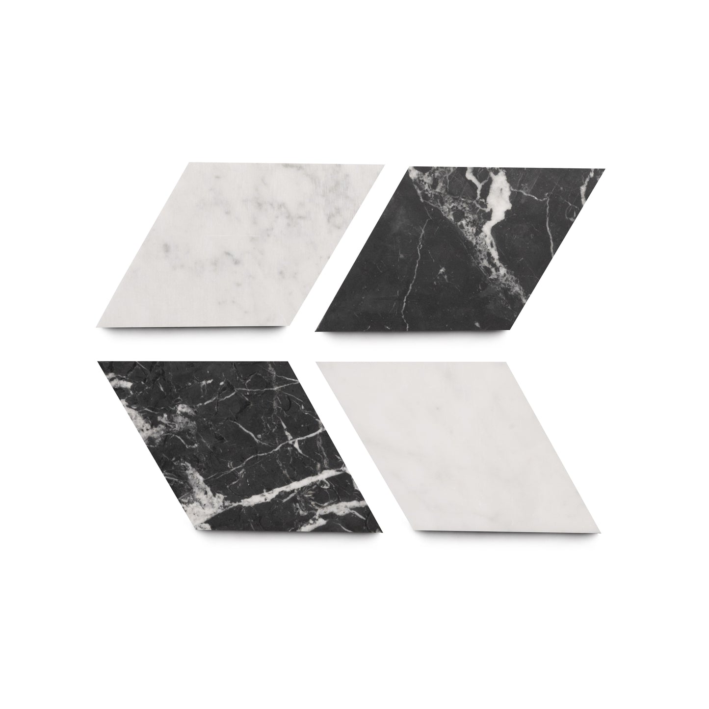 Four Diamante in Carrara + Nero Marquina tiles by Zia Tile, featuring two white marble and two black marble diamond shapes in a staggered pattern, arranged on a white background.