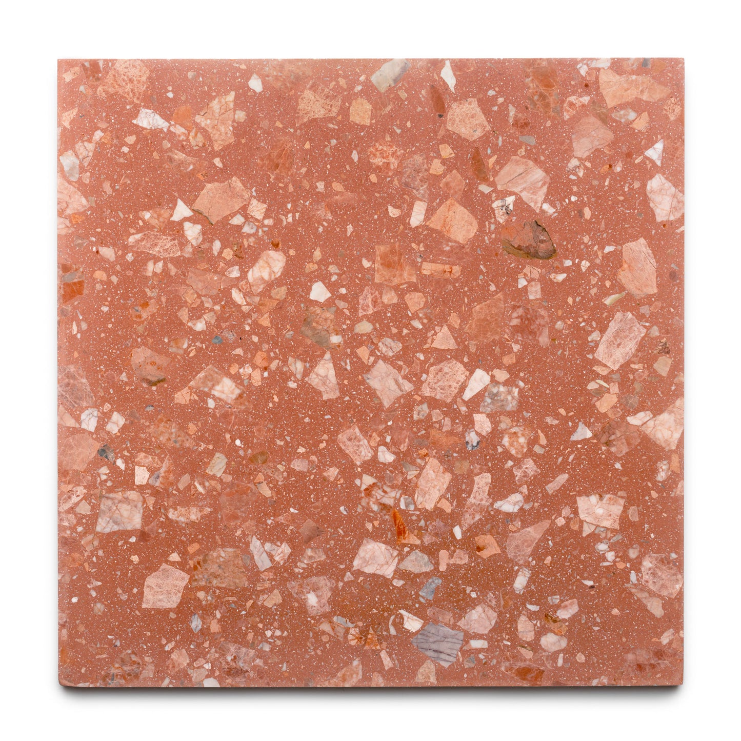 The Guava 24x24 by Zia Tile is a square, terracotta-colored terrazzo tile with irregular white, pink, and reddish stone chips embedded throughout for a speckled look on a smooth handmade surface.