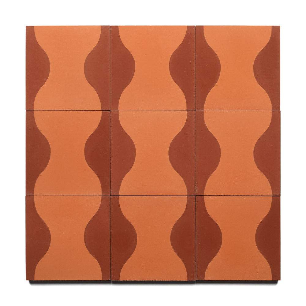 Nine Hugo Rust 4x4 tiles by Zia Tile, arranged in a 3x3 grid, feature terracotta tones and wavy dark reddish-brown patterns that create a seamless, flowing design across the surface.