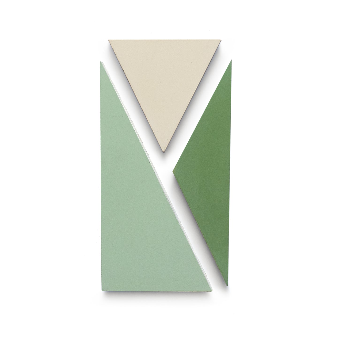 The Kepler Set Four by Zia Tile features two green triangles and one beige triangle, stacked vertically on a white background to form a modern, abstract geometric design reminiscent of ceramic art.
