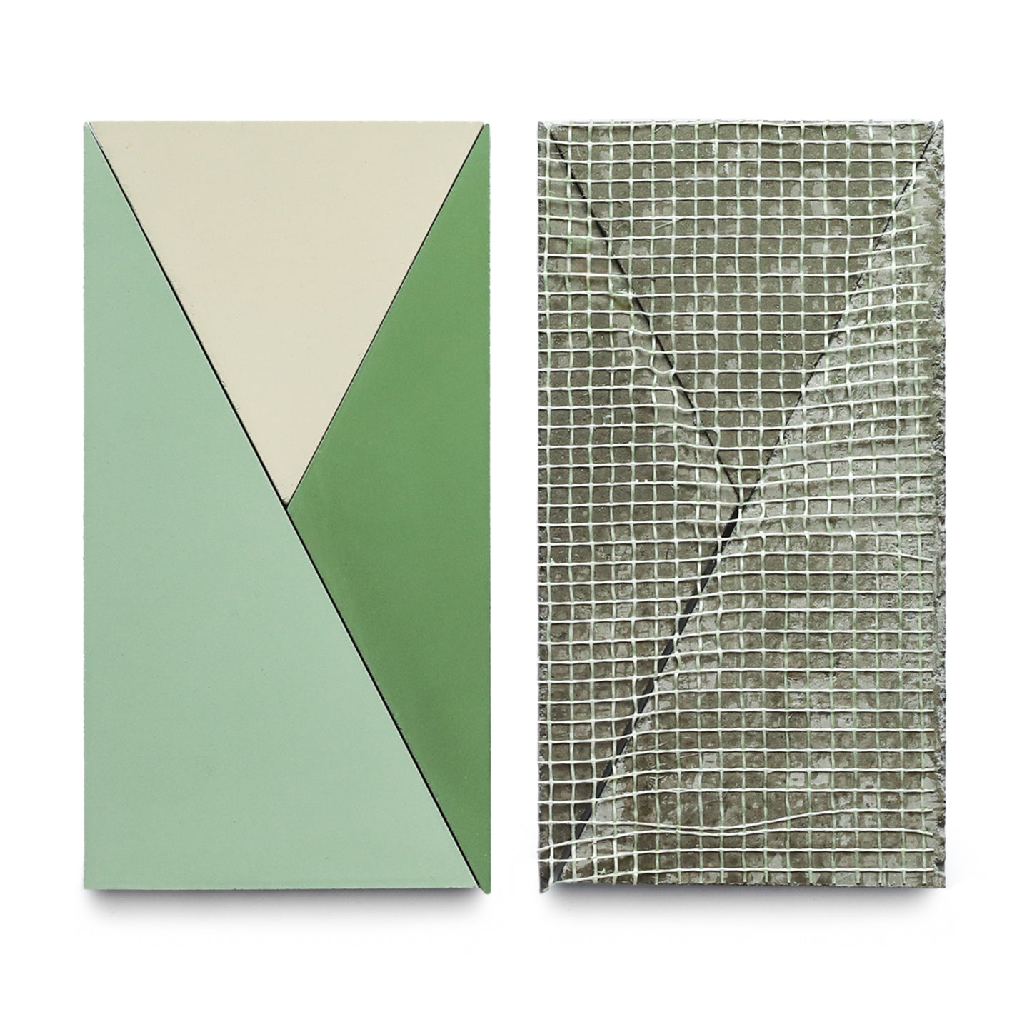 Two rectangular tiles side by side: on the left, Zia Tile’s Kepler Set Four features a cream and green geometric pattern; on the right, a ceramic tile showcases a metallic mesh texture with diagonal lines.