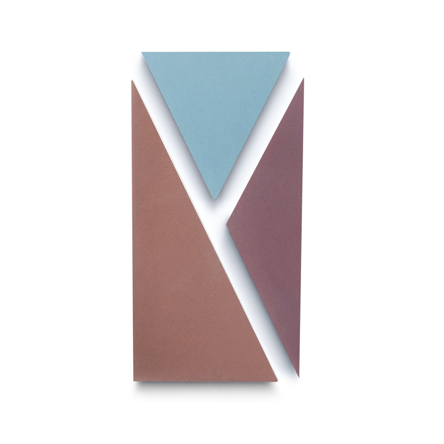 The Kepler Set Three by Zia Tile features a blue triangle above two reddish-brown triangles, all vertically aligned on a white background for an abstract, modern look reminiscent of handmade tiles.