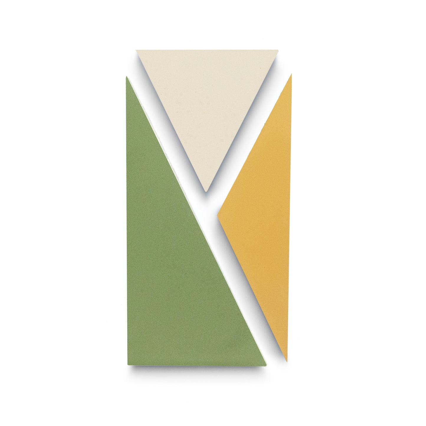 Kepler Set Two by Zia Tile features three colored triangles—cream, green, and mustard yellow—arranged vertically on a white background, echoing the abstract geometric style of Zia Tile’s handmade designs.