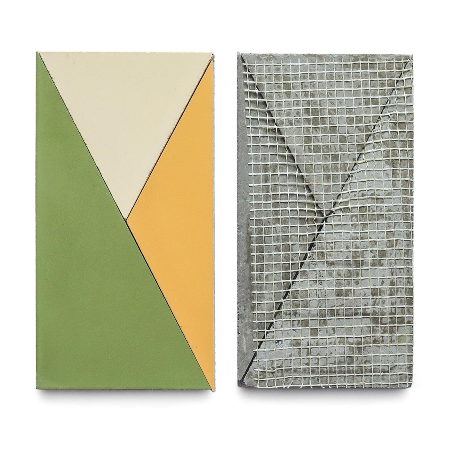 Kepler Set Two by Zia Tile is shown: the left tile features green, yellow, and cream geometric designs, highlighting its handmade look; the right tile displays its gray concrete back with mesh reinforcement.