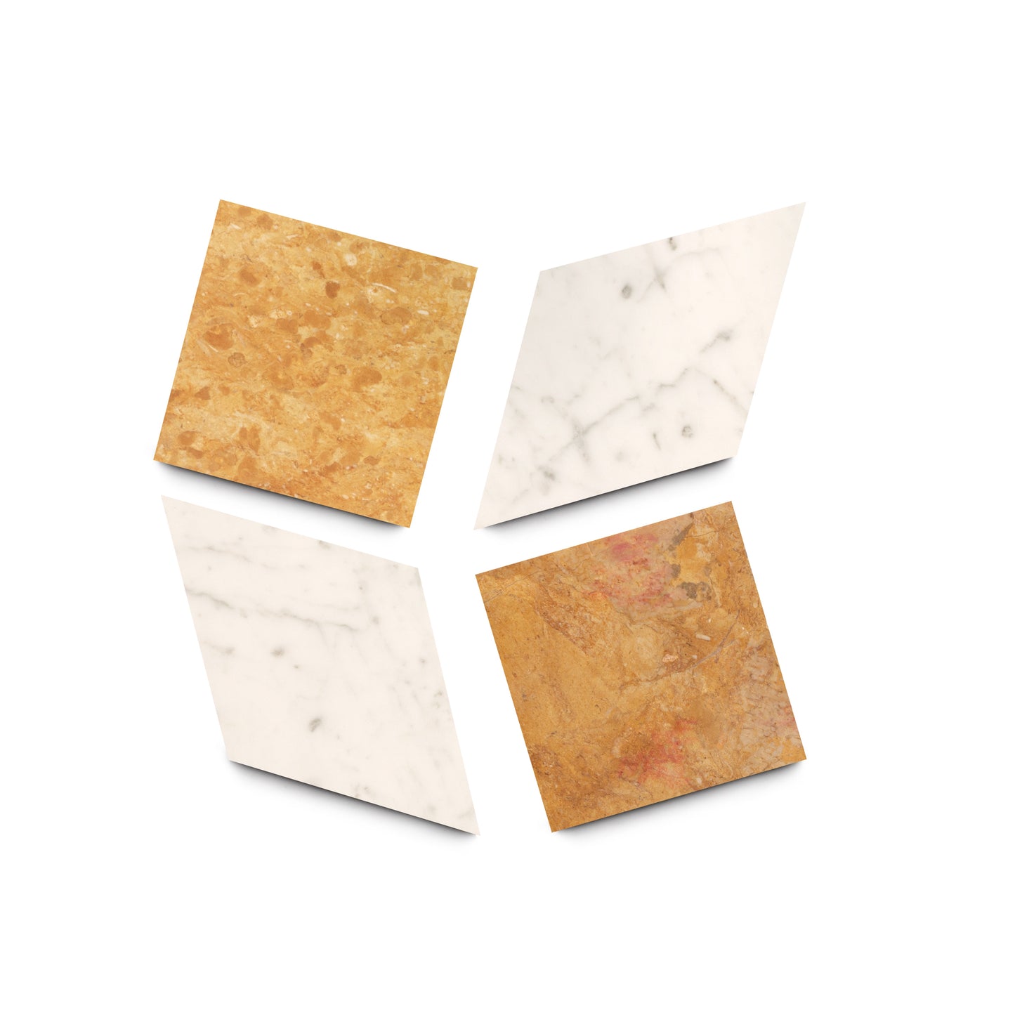 Four Lombardy in Carrara + Giallo Reale tiles by Zia Tile—two white with gray veins and two brown with textured patterns—are arranged in a square on a white background, each handmade tile casting soft shadows beneath it.
