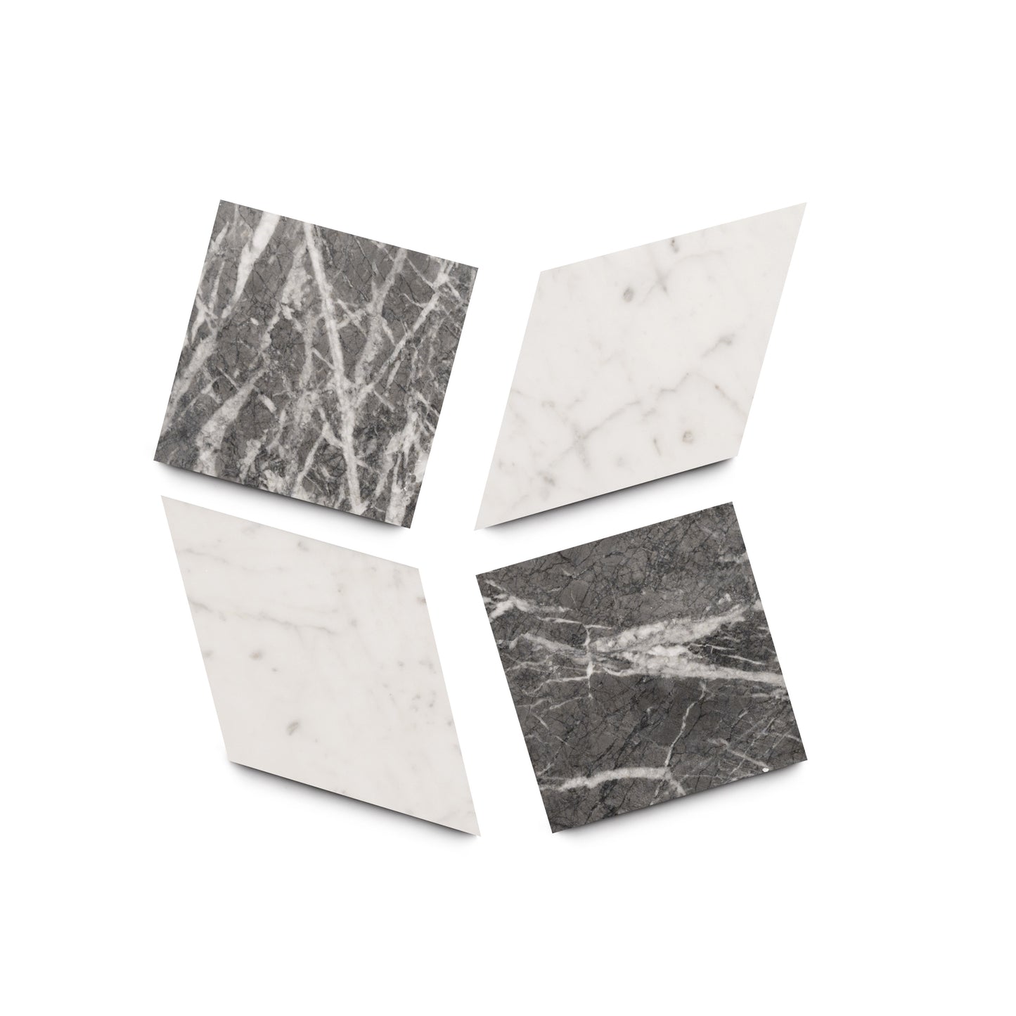 Four diamond-shaped tiles—two Carrara (white with light gray veining), two Grigio Carnico (dark gray with white veining)—form a loose square on a white background, highlighting the elegant Lombardy design by Zia Tile.