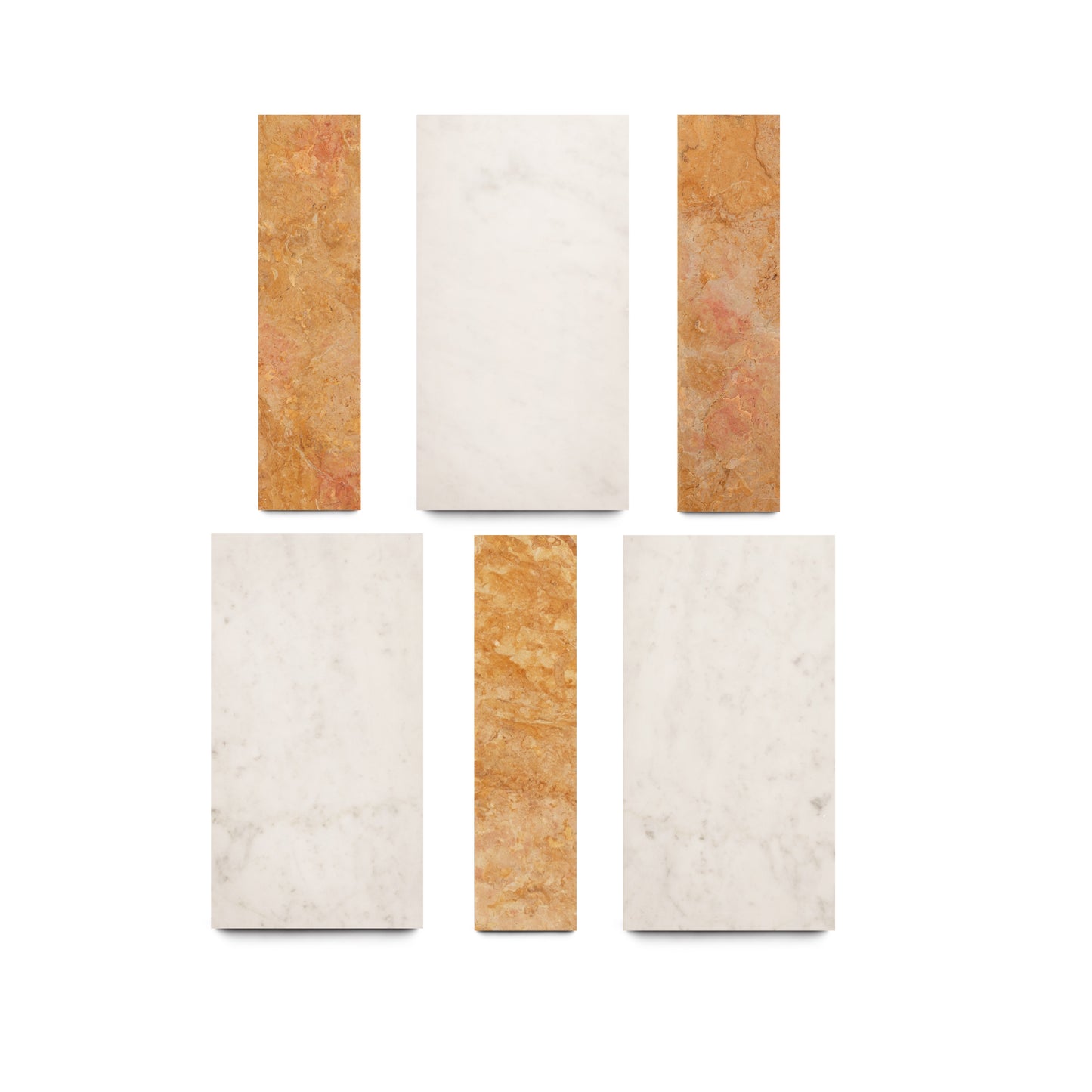 Five rectangular Lorenzo in Carrara + Giallo Reale tiles by Zia Tile are arranged in two rows: the top has a white tile flanked by two orange-brown tiles; the bottom has two white tiles with an orange-brown Zia Tile in the center.