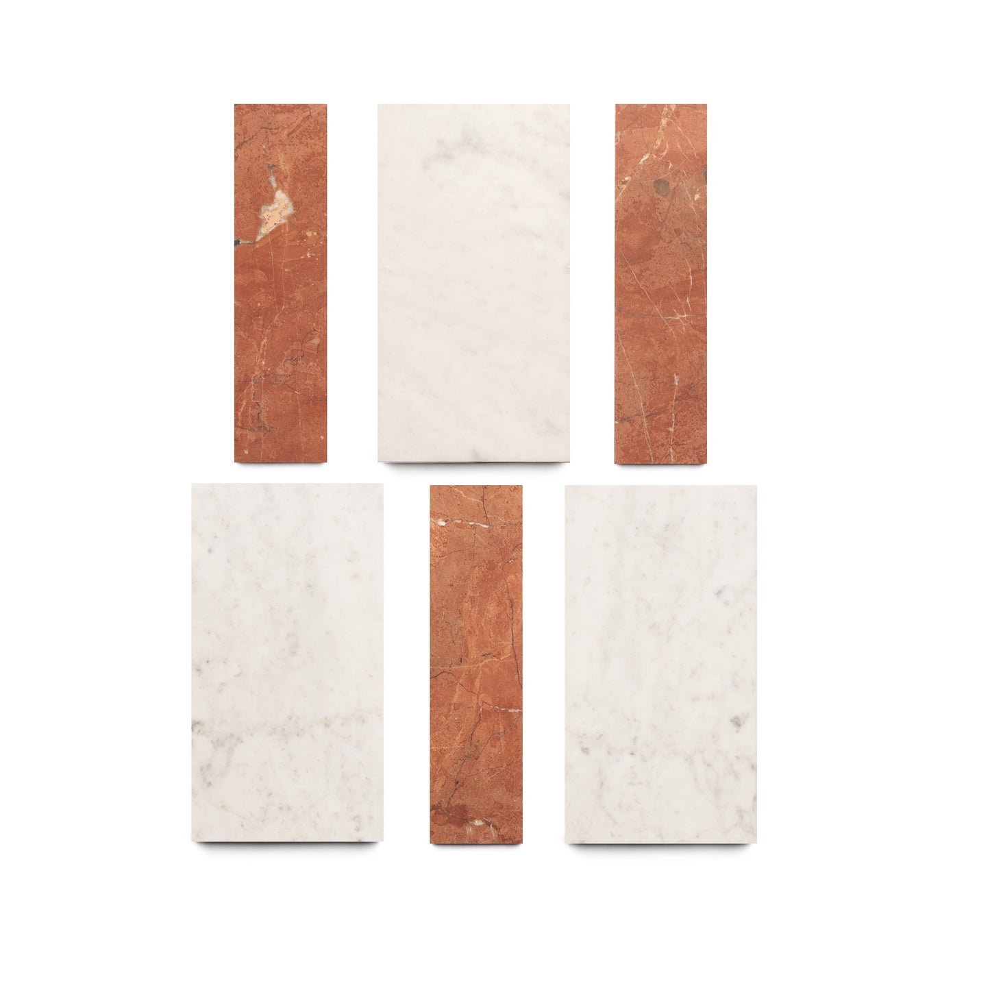 Five rectangular Zia Tile tiles—three white Lorenzo in Carrara and two reddish-brown Rosso Alicante, both with visible veining—are arranged in two rows on a white background.