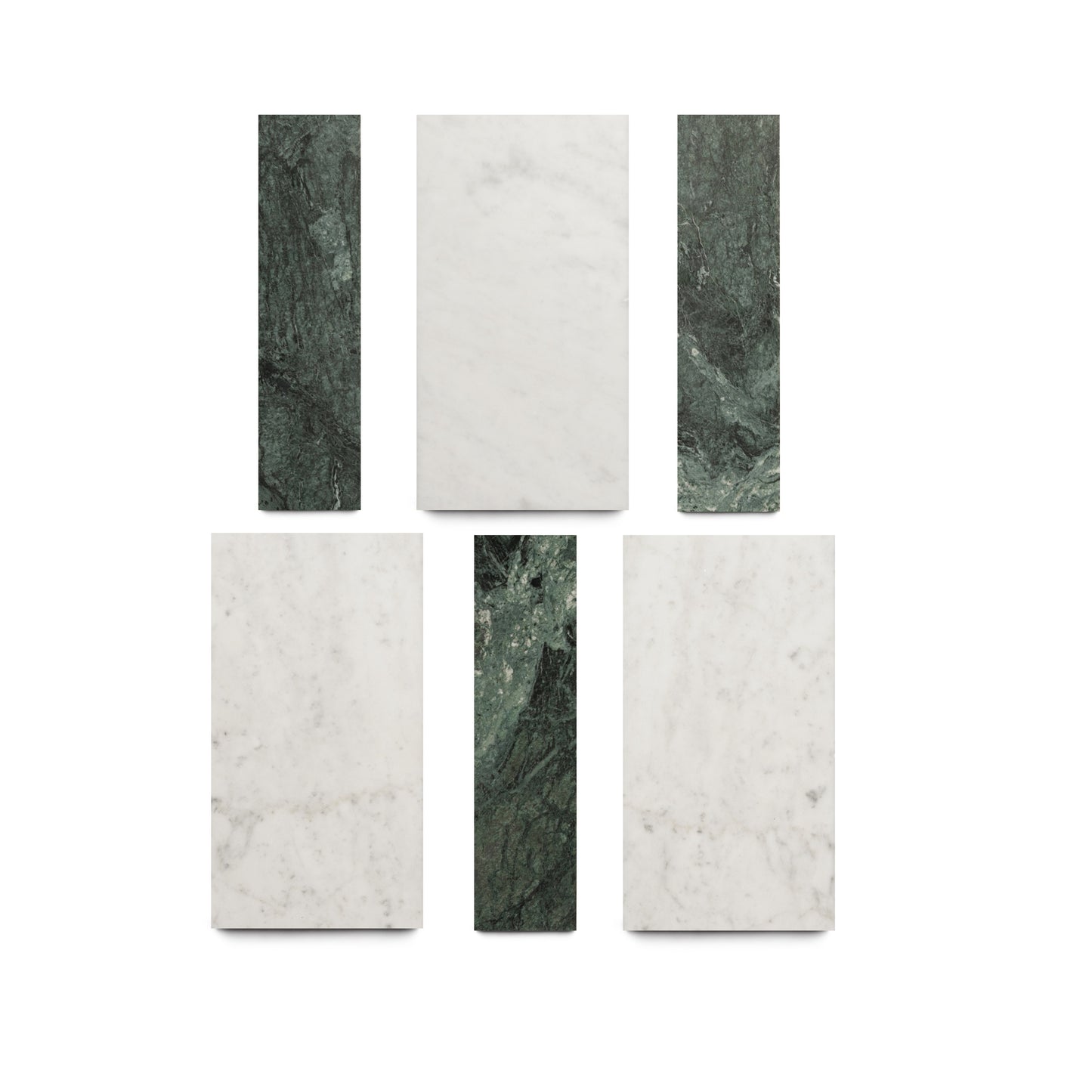 Five Zia Tile Lorenzo in Carrara + Verde Alpi tiles are arranged in two rows: three white Carrara tiles with gray veining and two textured dark green Verde Alpi tiles alternate for a bold geometric look.
