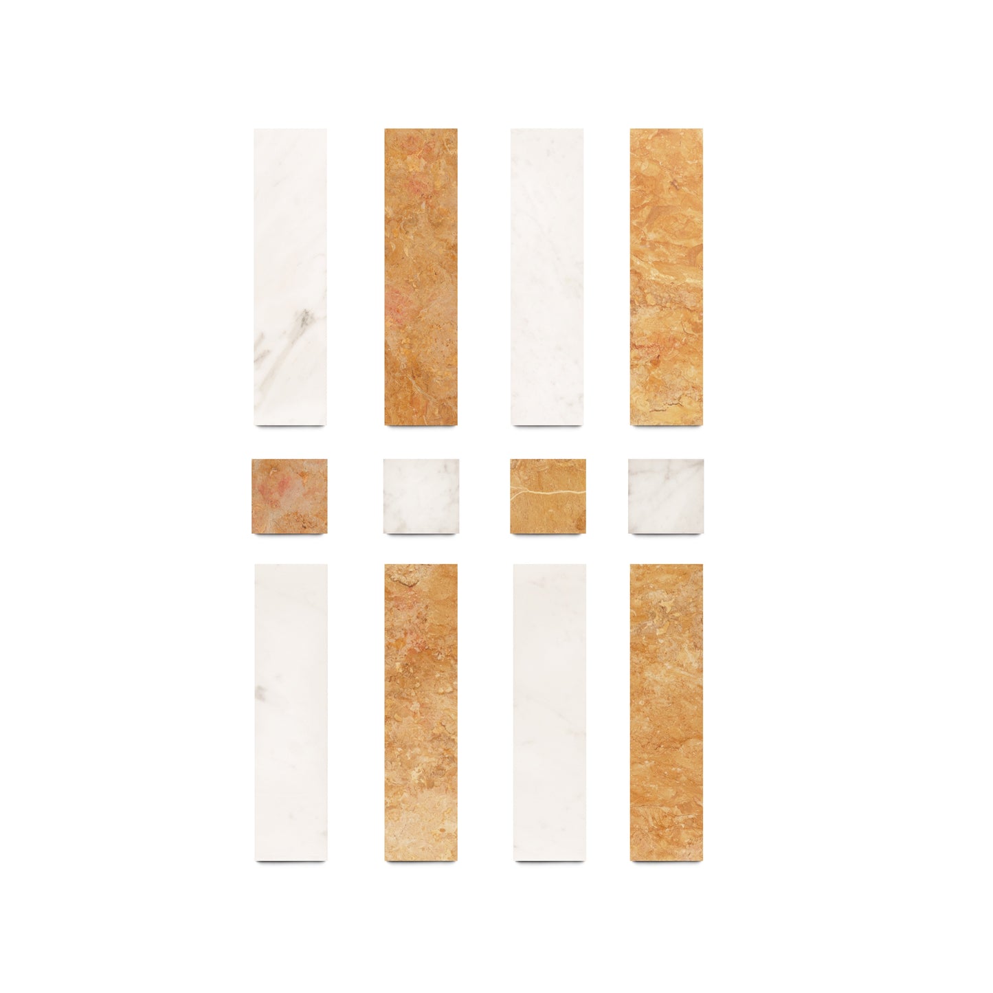 A four-row grid of rectangular and square tiles in white Carrara marble and orange-brown Giallo Reale by Zia Tile highlights the artisanal beauty of the Lucca collection against a white background.