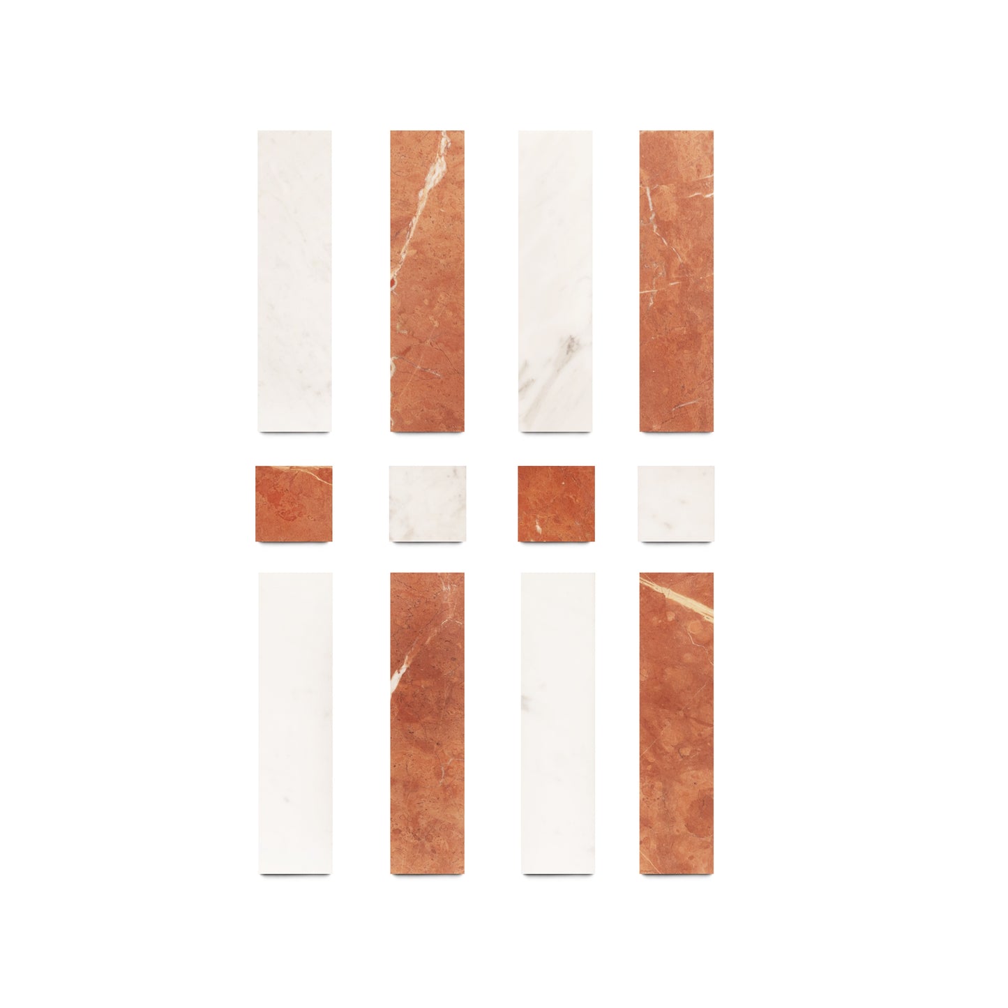 Zia Tile’s Lucca in Carrara + Rosso Alicante features handmade rectangular and square tiles in white and reddish-brown, arranged in a grid pattern with alternating colors and varied sizes on a white background.