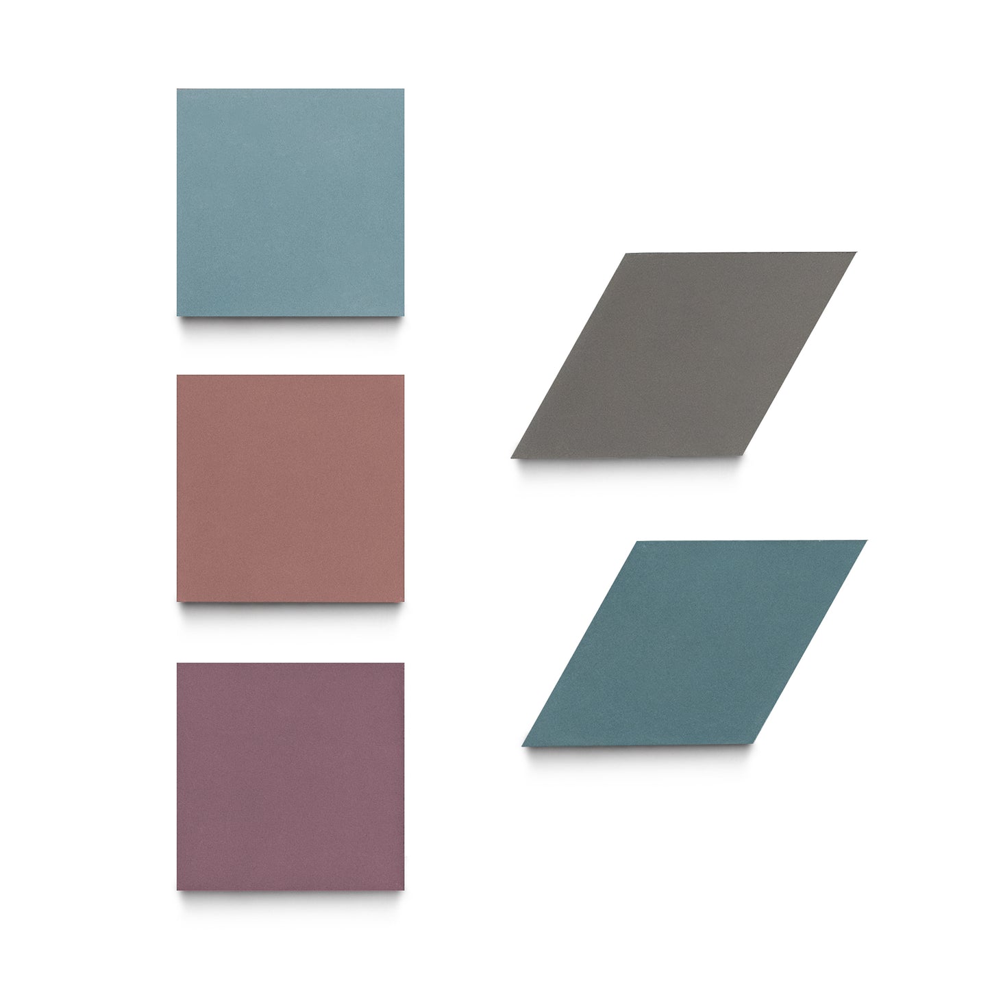 Zia Tile’s Madrid Set Three features three vertically aligned squares in blue, red, and purple on the left, with dark gray and blue parallelograms on the right, all set against a crisp white background.