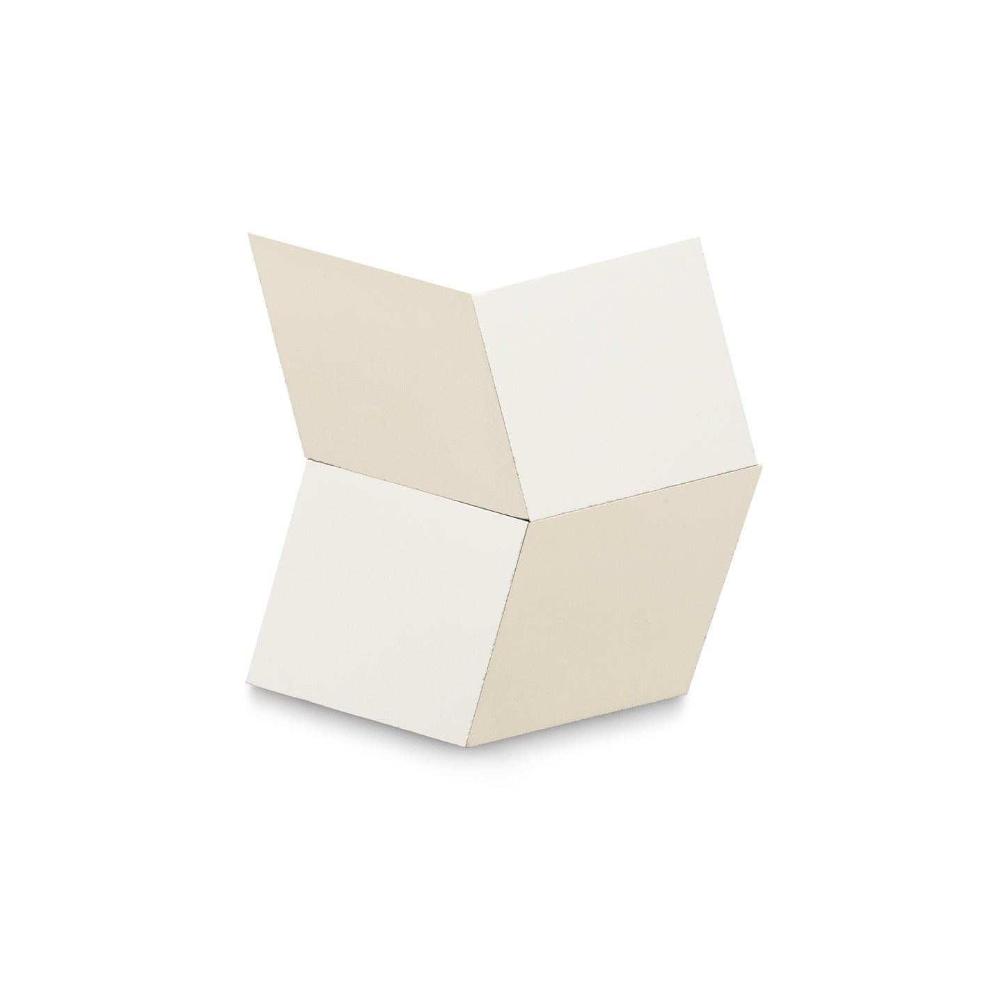 The Madrid White + Bone by Zia Tile is a geometric sculpture with three diamond-shaped panels in off-white and beige, evoking handmade tile artistry, and set against a plain white background.