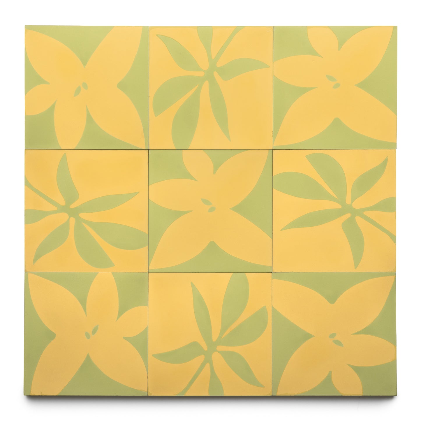The Flora 8x8 Set Mustard + Lemongrass by Zia Tile features nine square tiles with a yellow and green abstract floral pattern, creating a repeating, symmetrical design across the grid.