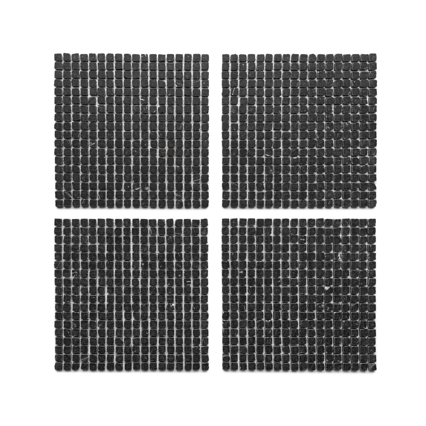 Four Zia Tile Nero Marquina 5/8 mosaic tile sheets are arranged in a two-by-two grid on a white background. Each sheet features small, evenly spaced square black tiles.