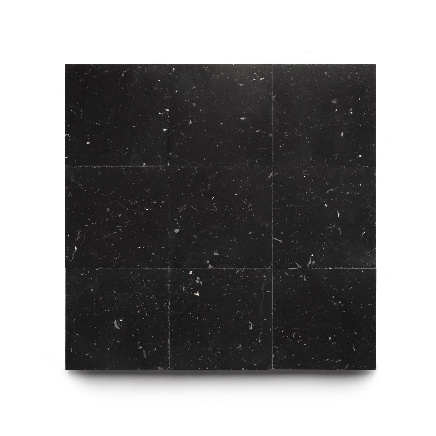 Nine Nero Marquina 6x6 tiles by Zia Tile, featuring black marble with subtle white veining, are arranged in a three-by-three square on a white background.