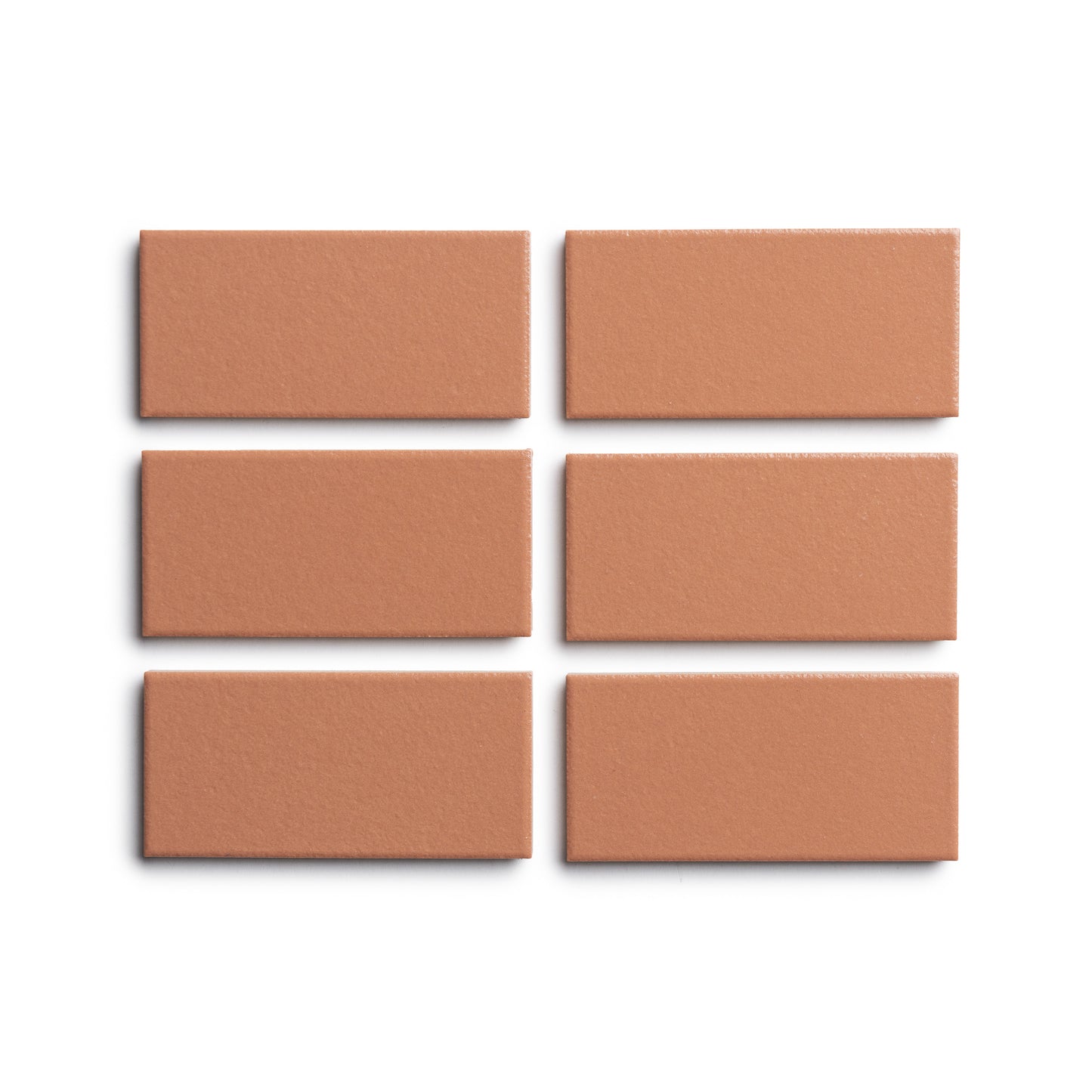 Six rectangular Zia Tile Pecan 2x4 samples, in light brown, are arranged in two columns and three rows on a white background.