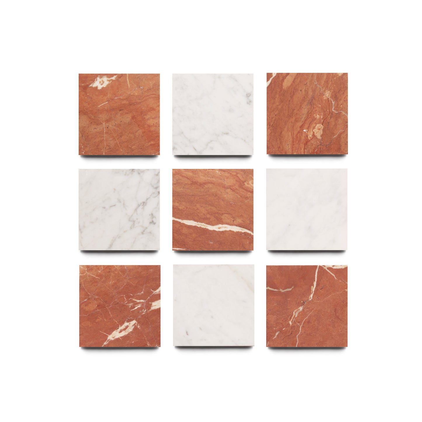 Nine square tiles, Piazzetta in Carrara + Rosso Alicante by Zia Tile, are arranged in a grid with alternating white-grey and reddish-brown veined patterns, highlighting refined craftsmanship on a crisp white background.