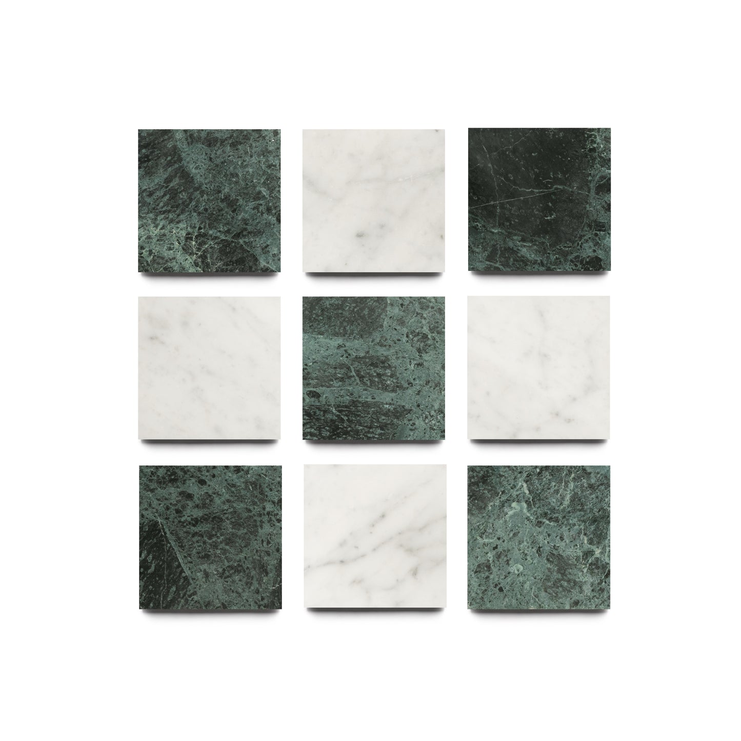 A 3x3 grid of square tiles—alternating dark green Verde Alpi and white Carrara marble—from Zia Tile’s Piazzetta collection, shown on a white background.