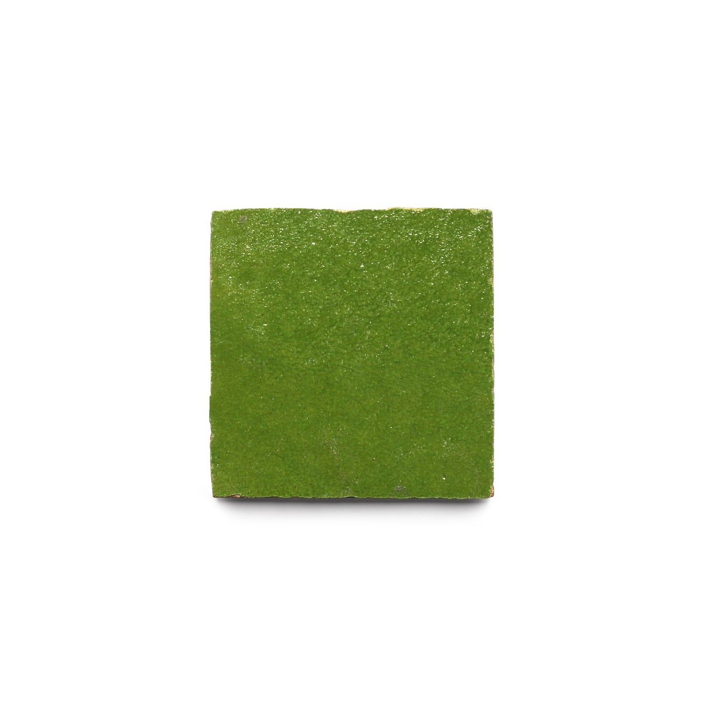 A single Prairie Green 2x2 tile from Zia Tile, featuring a square shape and authentic Moroccan craftsmanship, is centered on a white background.