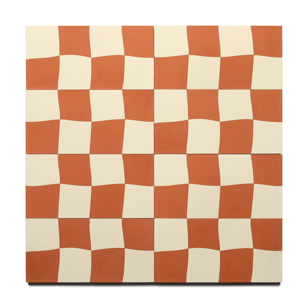Reality Check Rust 4x8 by Zia Tile features wavy, alternating terracotta and cream squares that create a dynamic checkerboard effect—an ideal cement tile for adding movement and style to your kitchen backsplash.