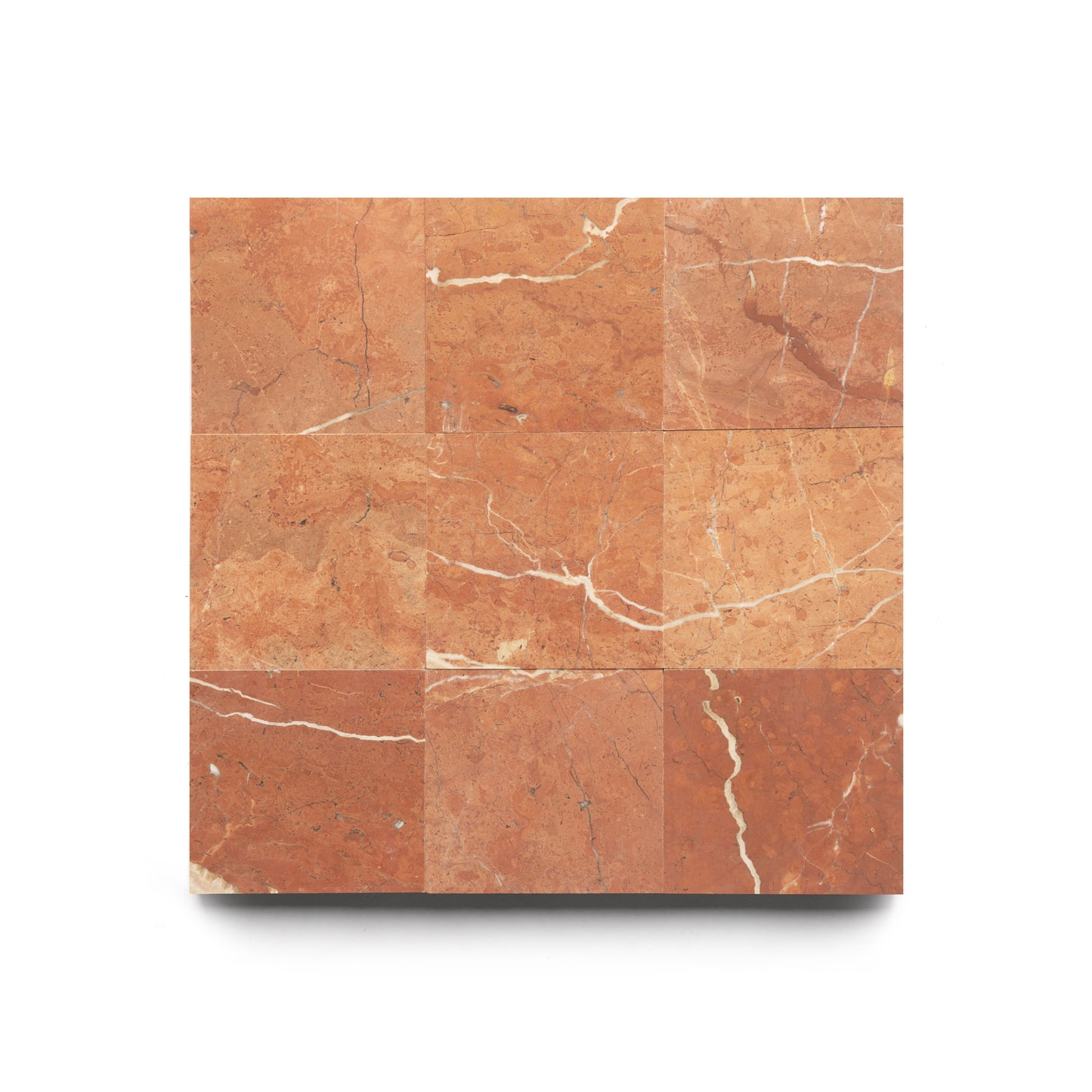 The Rosso Alicante 6x6 by Zia Tile features nine reddish-brown handmade tiles with beige and white veining, arranged in a 3x3 grid on a white background.