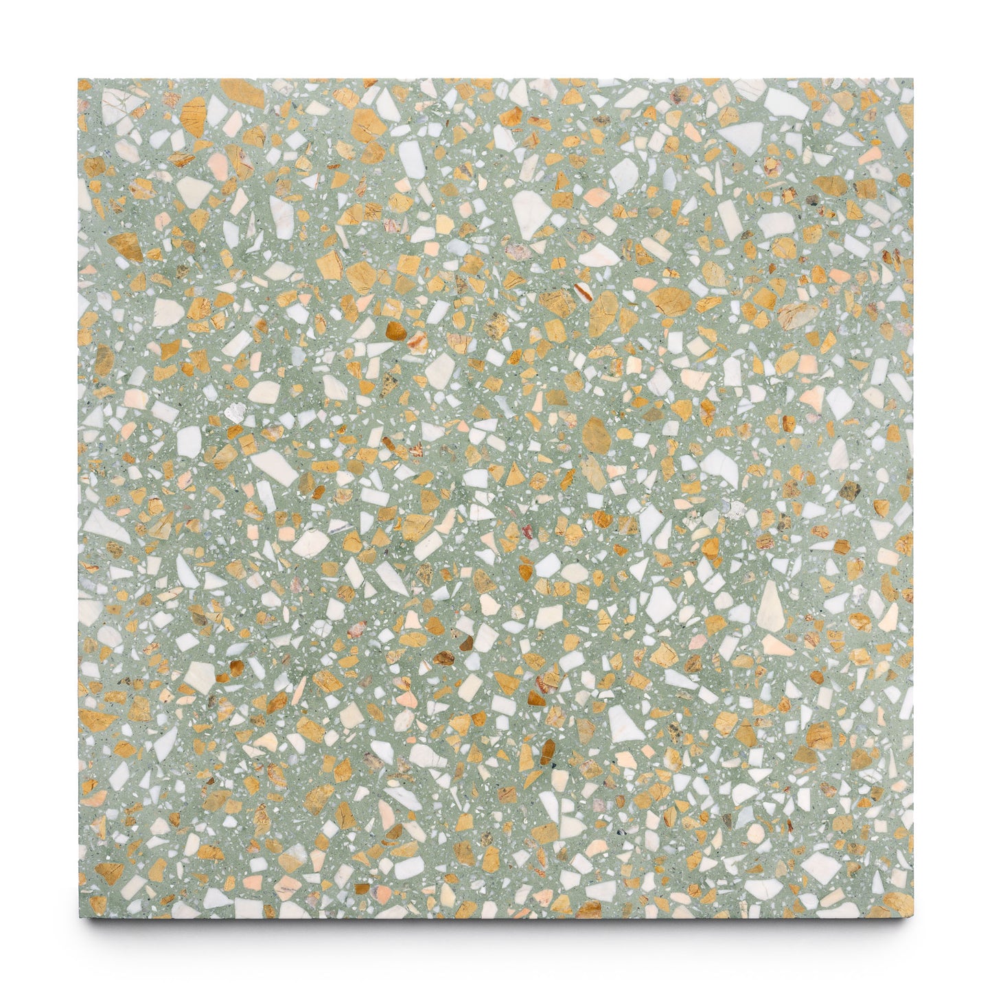 The Salt Bush 24x24 tile by Zia Tile is a square terrazzo tile with a light green base, showcasing white and yellow-orange chips in an irregular, speckled mosaic pattern for a distinctive look.