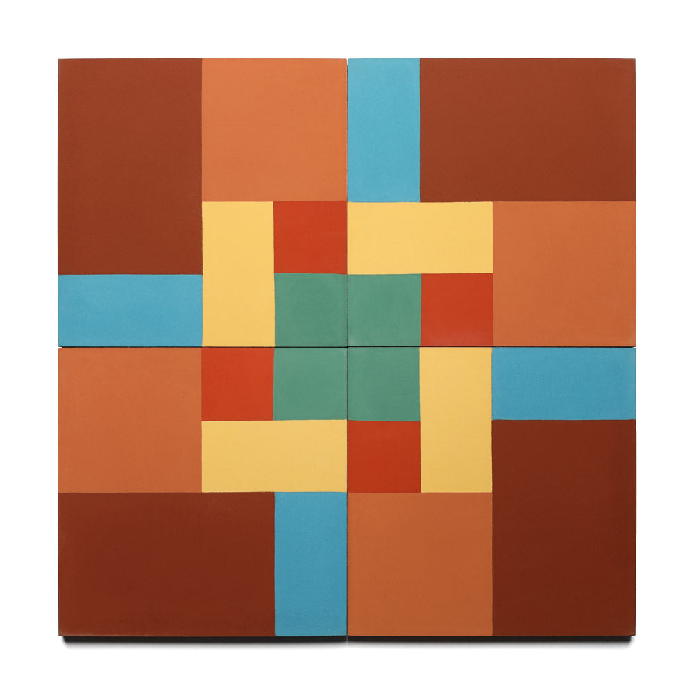 The Samba Canyon 8x8 by Zia Tile is a geometric abstract art tile with four square panels, featuring intersecting rectangles and squares in brown, blue, yellow, green, and red in a balanced, symmetrical pattern.