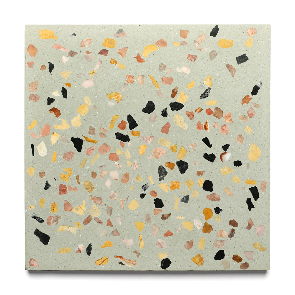 The Zia Tile Savoye 6x6 Sample is a square tile with a light gray base and scattered black, yellow, pink, and peach chips. Its polished finish creates a modern decorative look perfect for contemporary spaces.