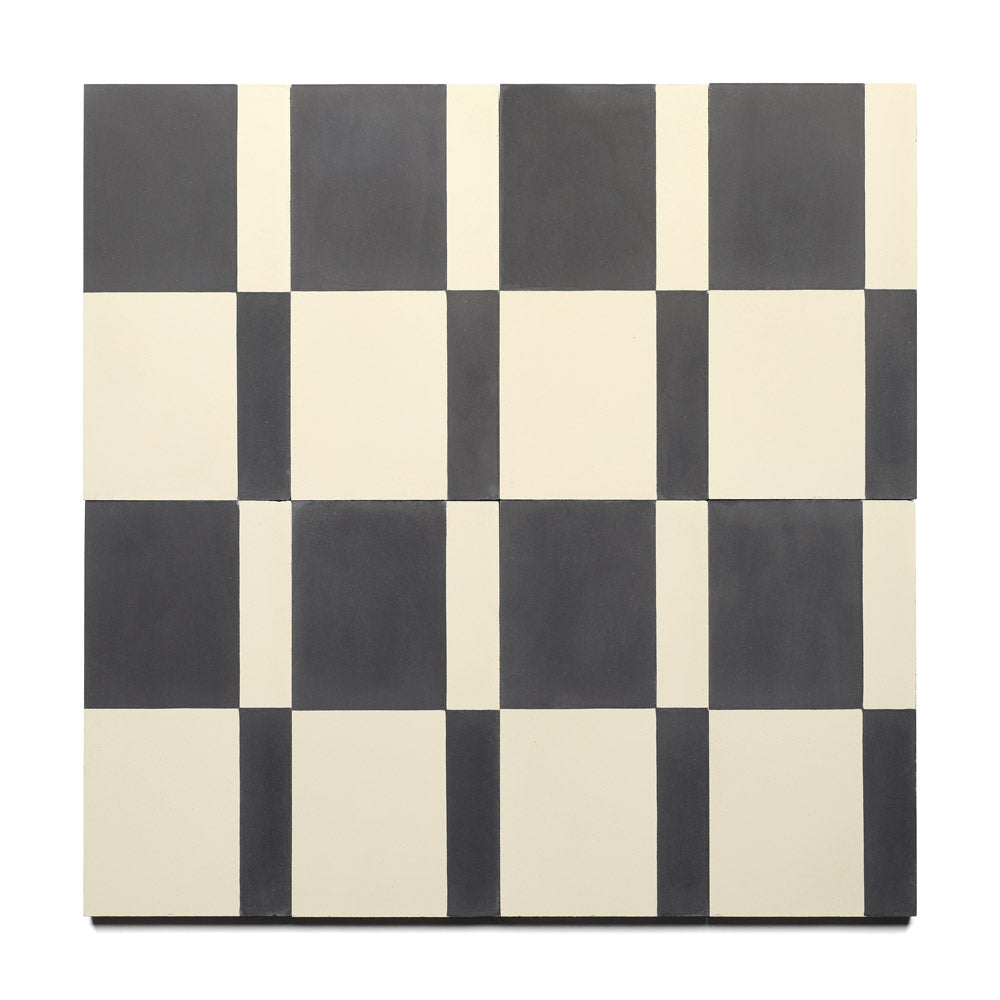 The Sidecar Black 4x8 by Zia Tile features handmade black and off-white tiles arranged in a minimalist checkerboard grid for a sleek, geometric look.