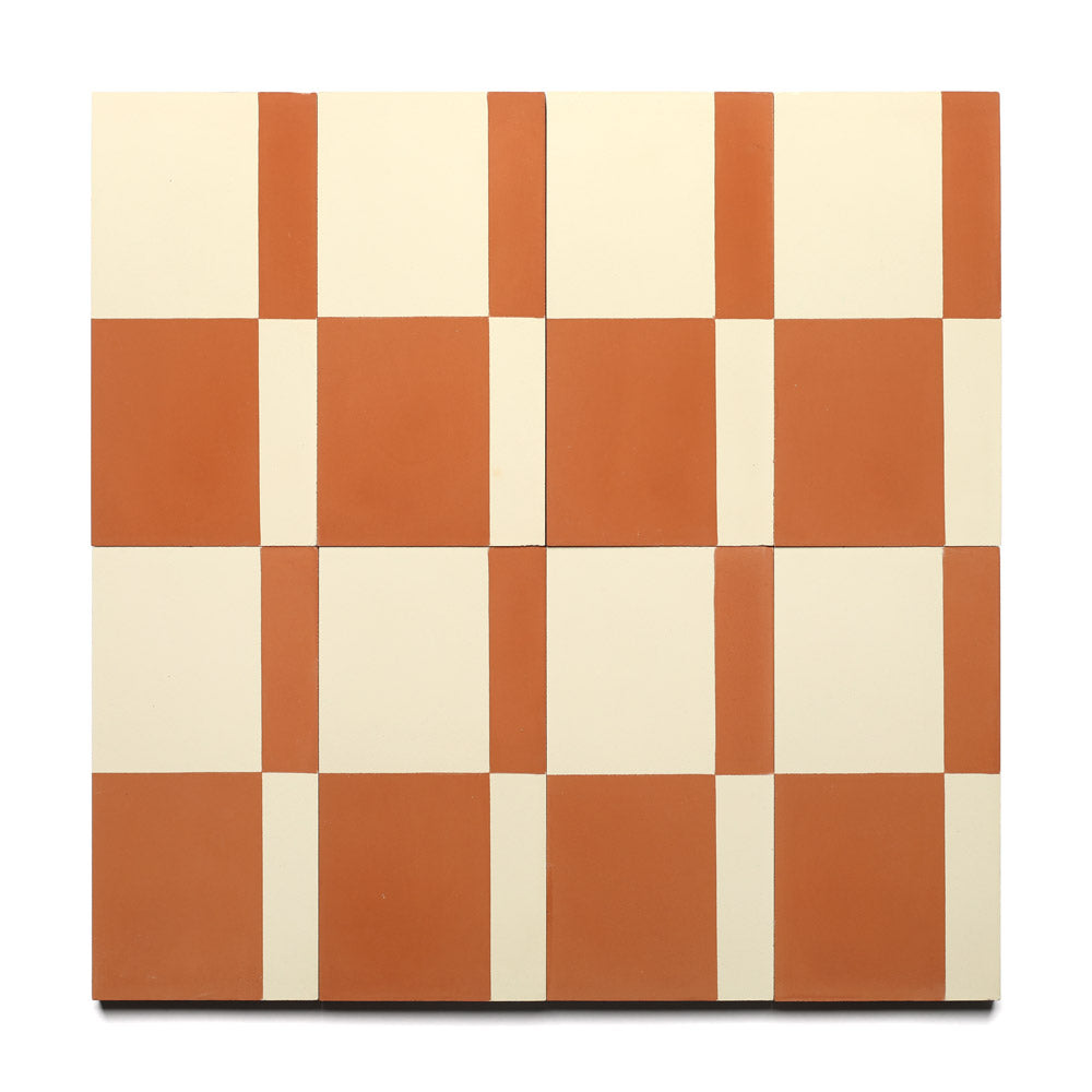 The Sidecar Rust 4x8 tile by Zia Tile features a geometric, checkered design in alternating cream and terracotta, arranged symmetrically for a modern look.