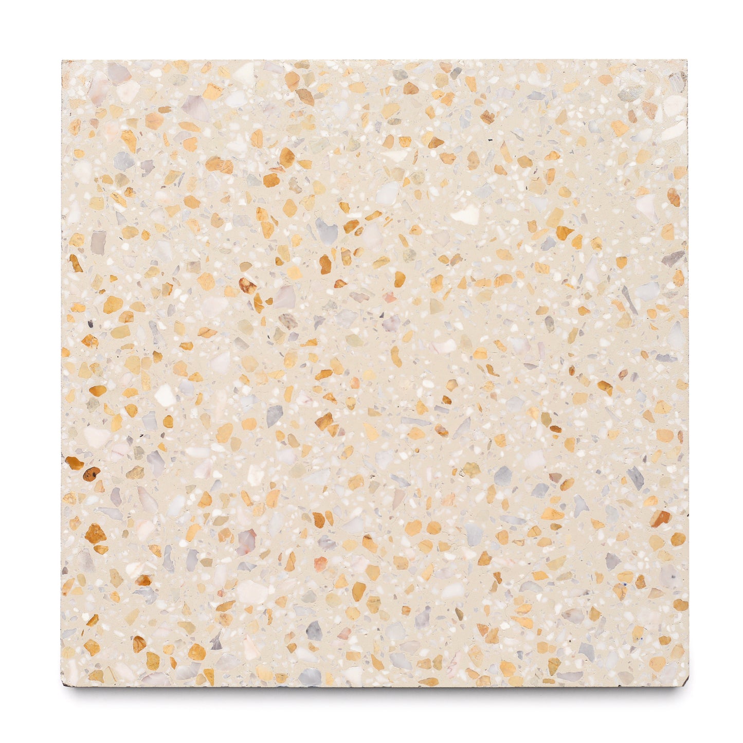 The Zia Tile Sputnik 12x12 is a square cement tile with a beige background and terrazzo pattern featuring small, irregular chips in yellow, brown, white, and gray.