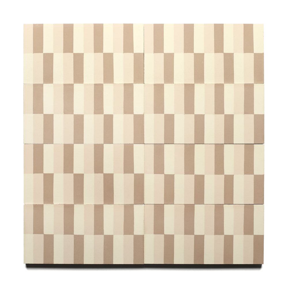 The Striate Dune 4x8 by Zia Tile features a square grid of alternating beige and light tan vertical stripes, evoking patterned tile designs with a repeating geometric motif and subtle optical illusion, all on a crisp white background.