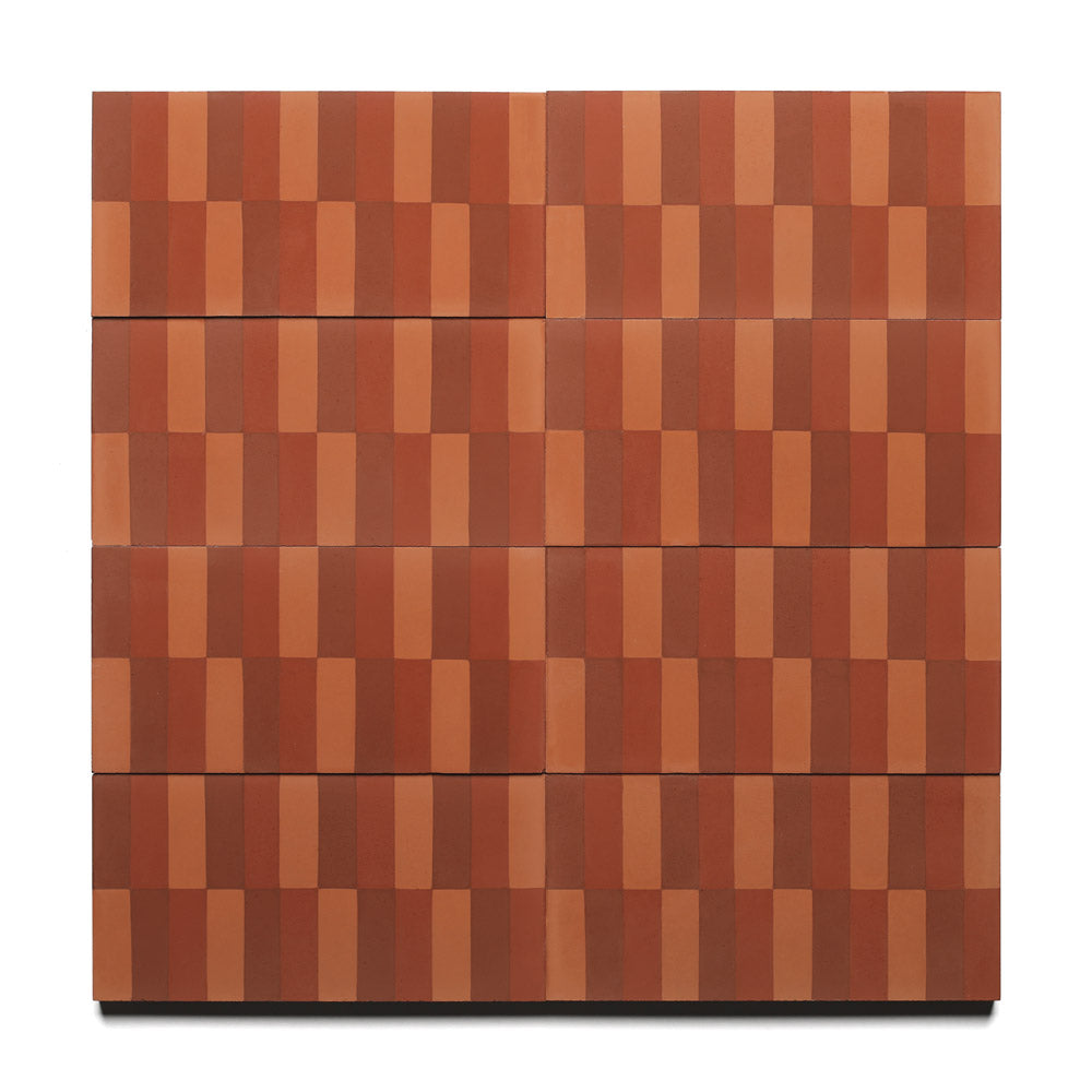 The Striate Pompeii 4x8 by Zia Tile features a grid of rectangular panels in alternating reddish brown shades, evoking a tile-like, striped checkerboard pattern against white.