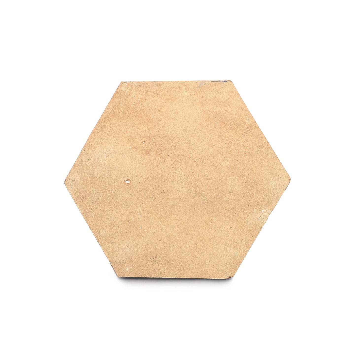 A single Unglazed Natural Hex tile in beige, featuring a smooth, slightly textured surface, is centered on a white background.