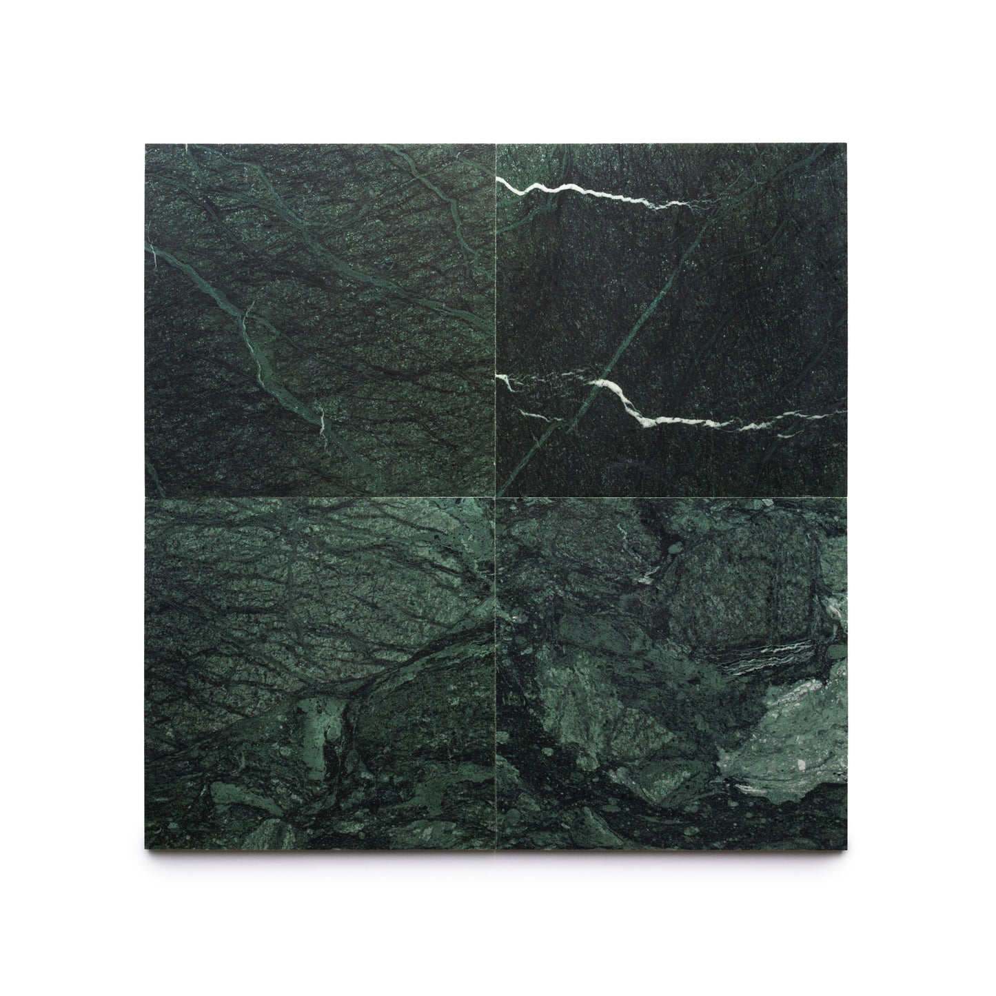 Four Zia Tile Verde Alpi 12x12 glossy dark green marble tiles, each handmade with natural white and light green veining, are arranged in a grid on a plain white background to showcase their unique patterns.