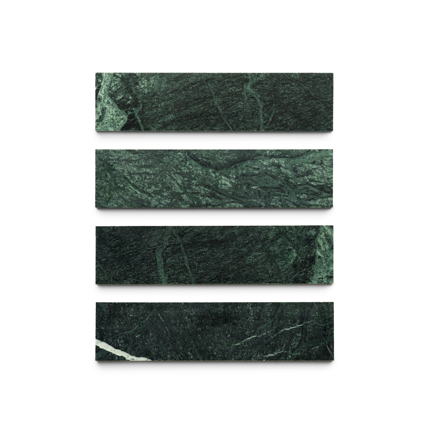 Four rectangular Verde Alpi 3x12 tiles by Zia Tile, in dark green marble with natural veining, are vertically stacked with even spacing on a white background, highlighting Zia Tile’s signature handmade craftsmanship.