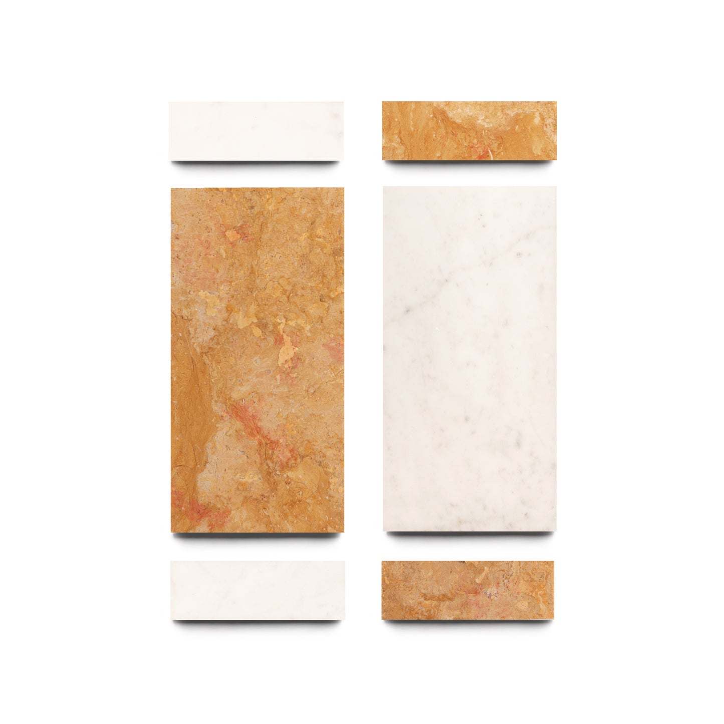 Verona in Carrara + Giallo Reale by Zia Tile features rectangular white marble and orange-brown tiles arranged in vertical, parallel columns on a white background for an abstract, symmetrical look.