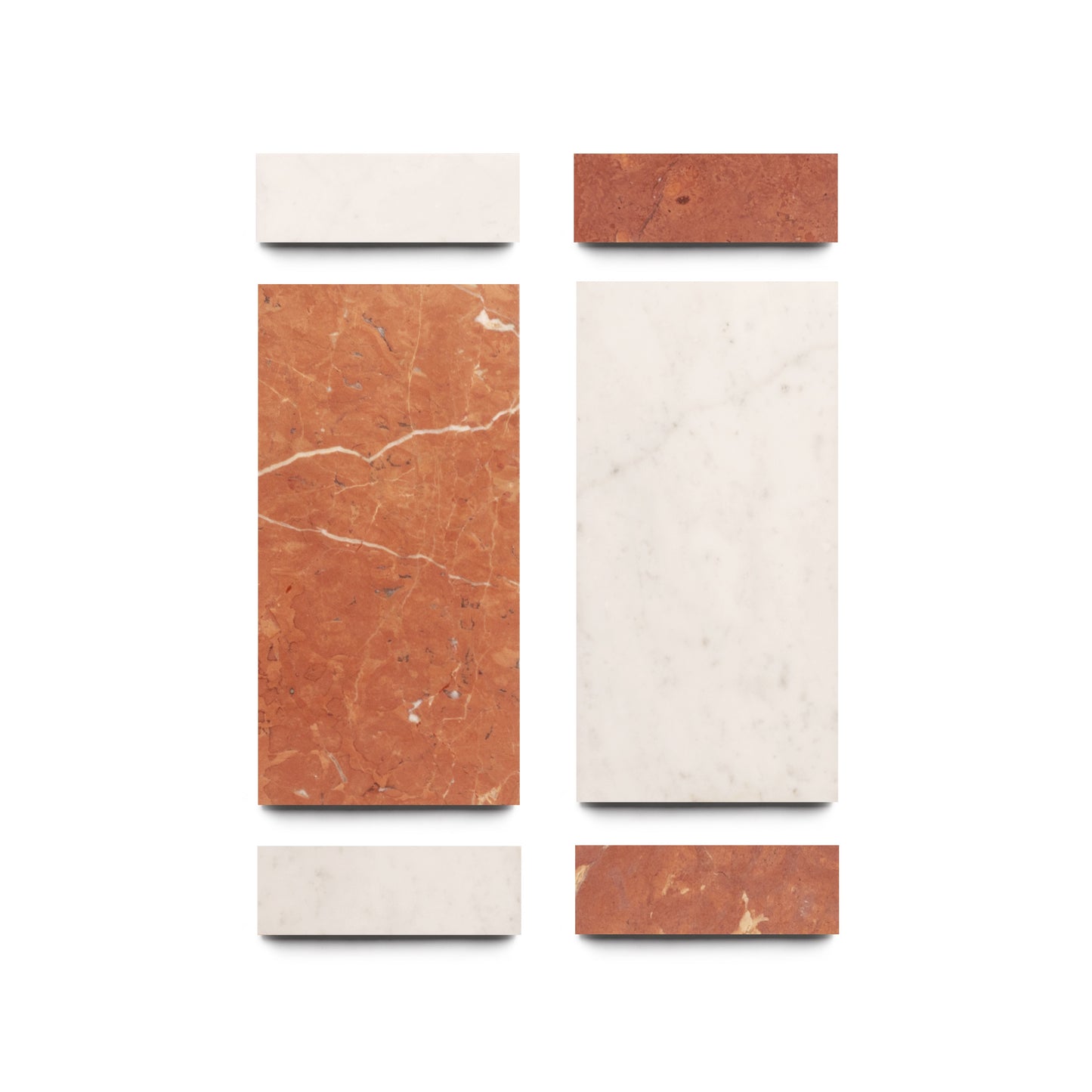 Zia Tile’s Verona in Carrara + Rosso Alicante: two vertical columns—left with a large orange marble tile (Rosso Alicante) and small Carrara white tiles, right with a large Carrara white marble tile edged by small orange accents.
