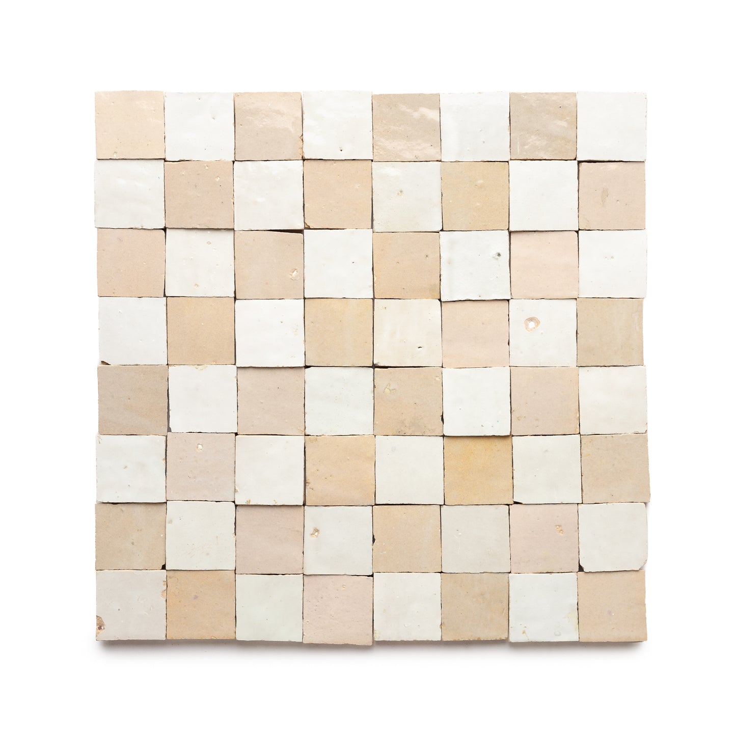 The Glazed Earth + Casablanca Checkerboard by Zia Tile features hand-cut 2x2 zellige tiles in white, cream, and beige shades, arranged in a striking checkerboard pattern.