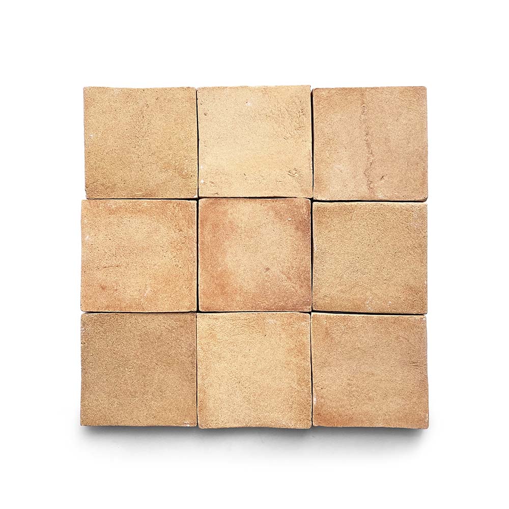 Nine Zia Tile 4x4 Square + Adobe handmade terracotta tiles are arranged in a 3x3 grid on a white background, featuring a rustic texture and warm brown-tan shades reminiscent of ceramic arts.
