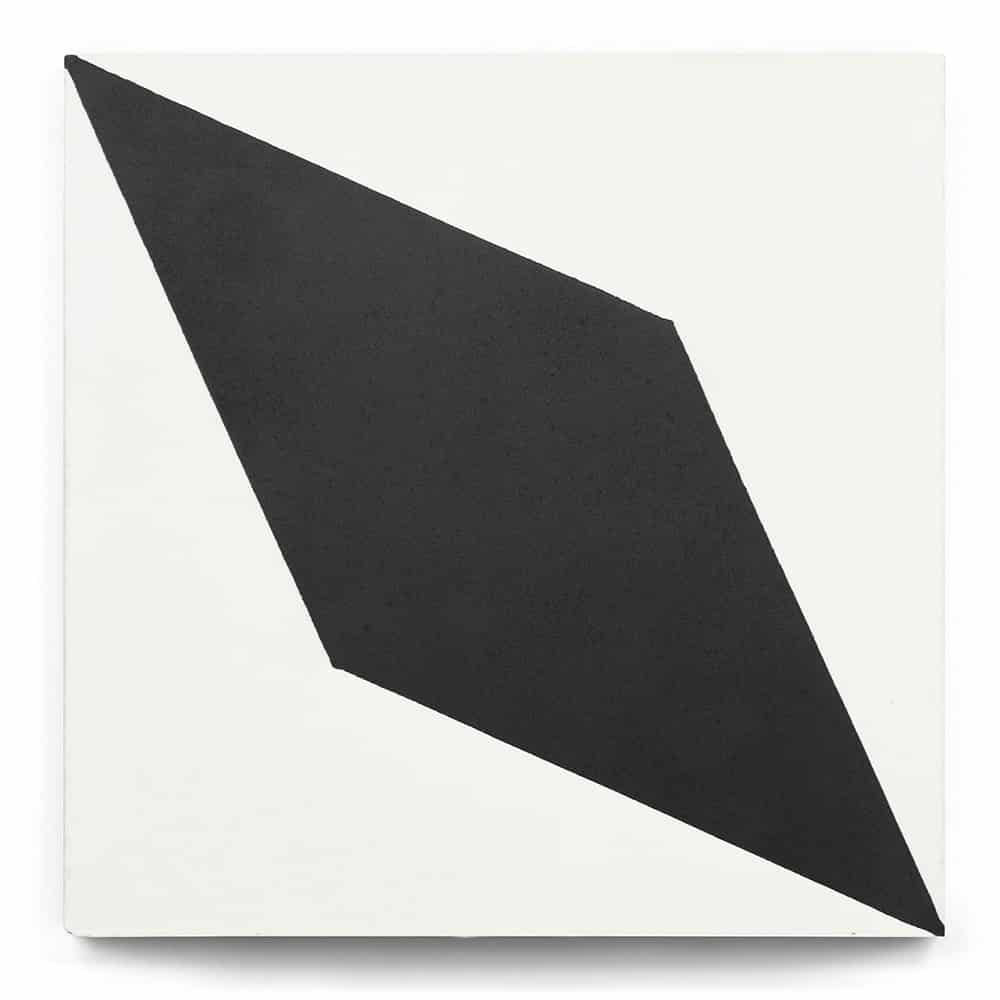 The Cairo White Black 8x8 tile features a bold, black diamond shape set diagonally on a white square background, creating striking contrast and classic geometric style for modern interiors.